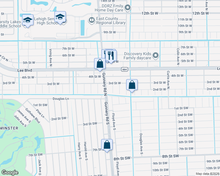 map of restaurants, bars, coffee shops, grocery stores, and more near 204 Gunnery Road South in Lehigh Acres