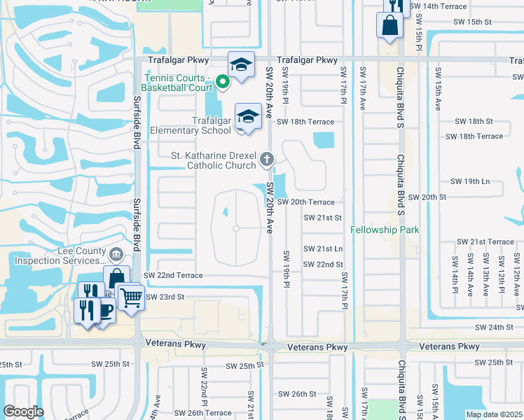 map of restaurants, bars, coffee shops, grocery stores, and more near 2021 Cape Heather Circle in Cape Coral