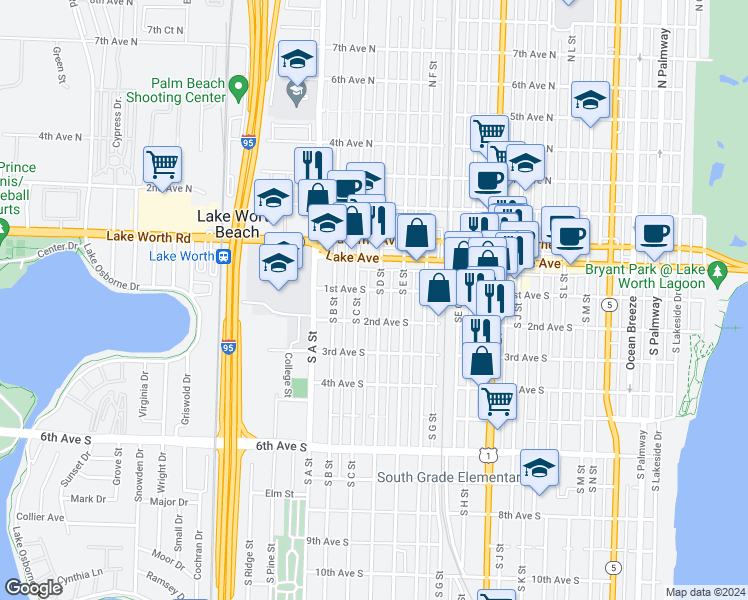 map of restaurants, bars, coffee shops, grocery stores, and more near 109 South D Street in Lake Worth