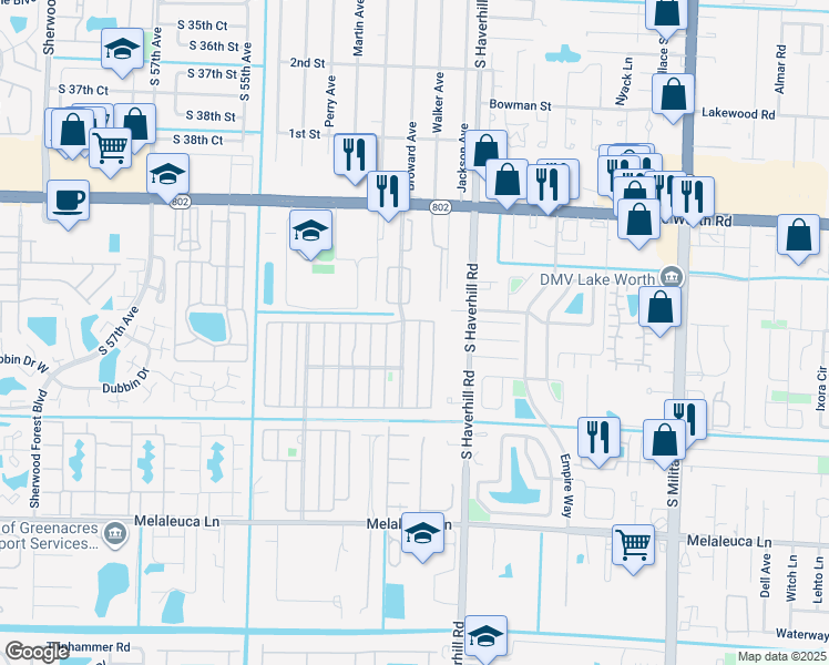map of restaurants, bars, coffee shops, grocery stores, and more near 4297 Evelyn Place in Greenacres