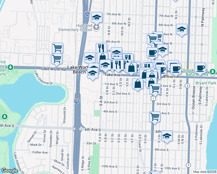 map of restaurants, bars, coffee shops, grocery stores, and more near 108 South B Street in Lake Worth