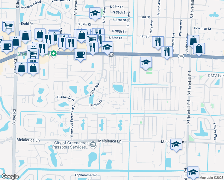 map of restaurants, bars, coffee shops, grocery stores, and more near 38 Bridgette Boulevard in Lake Worth