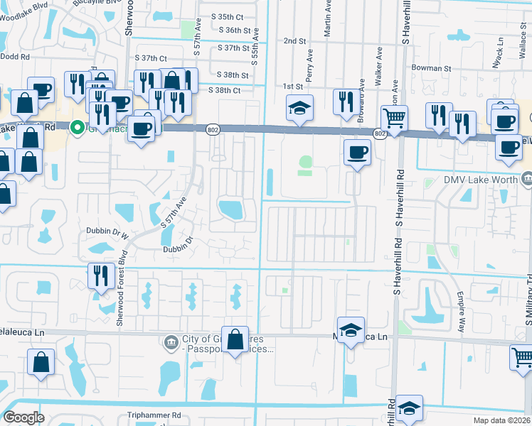 map of restaurants, bars, coffee shops, grocery stores, and more near 4271 Naomi Drive in Greenacres
