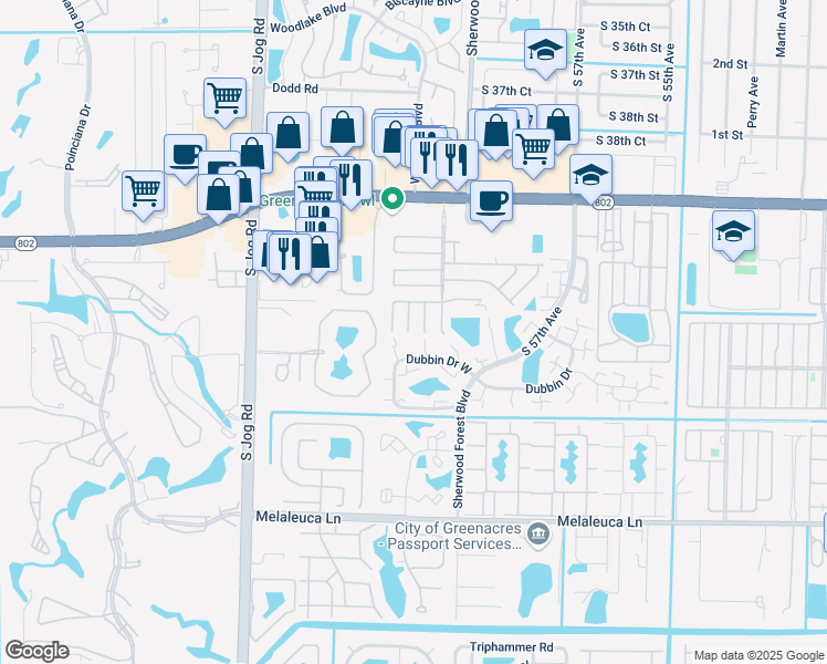 map of restaurants, bars, coffee shops, grocery stores, and more near 177 Treasure Lane in Greenacres