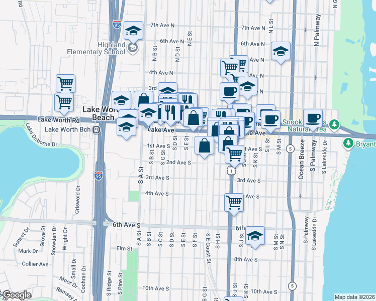 map of restaurants, bars, coffee shops, grocery stores, and more near 108 South E Street in Lake Worth Beach
