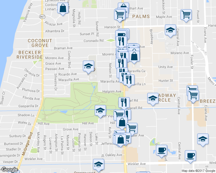 map of restaurants, bars, coffee shops, grocery stores, and more near 802 Nelson Street in Fort Myers