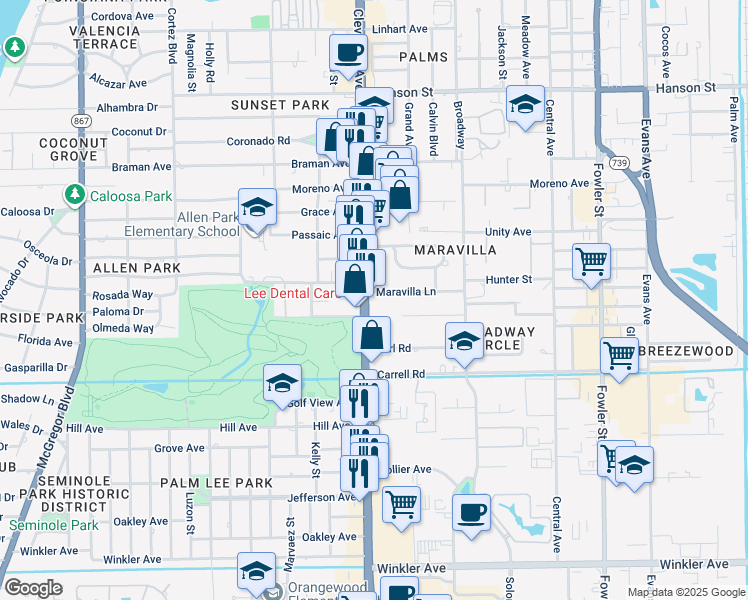 map of restaurants, bars, coffee shops, grocery stores, and more near 3431 Cleveland Ave in Fort Myers