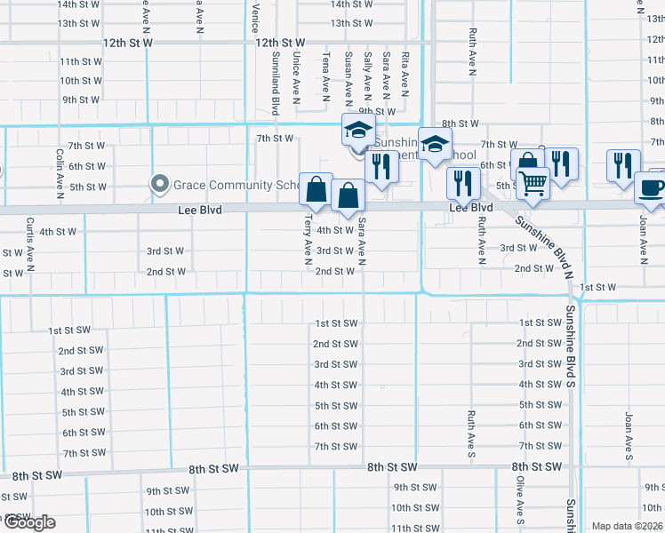 map of restaurants, bars, coffee shops, grocery stores, and more near 3504 2nd Street West in Lehigh Acres