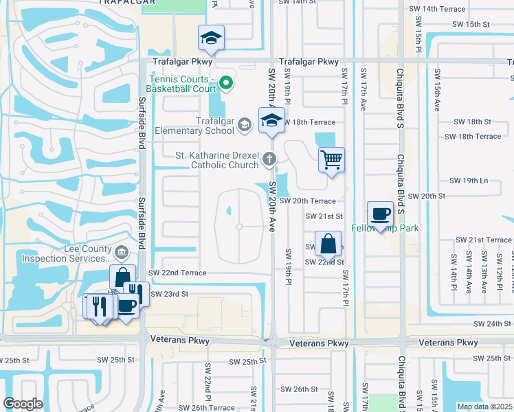 map of restaurants, bars, coffee shops, grocery stores, and more near 2021 Cape Heather Circle in Cape Coral