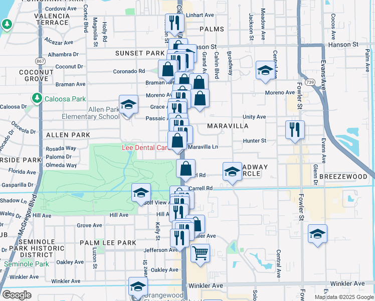map of restaurants, bars, coffee shops, grocery stores, and more near 3431 Cleveland Avenue in Fort Myers
