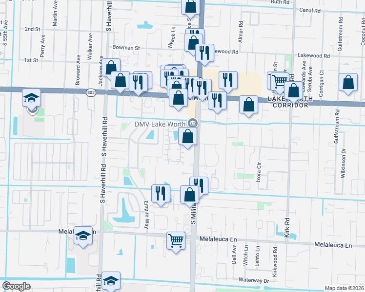 map of restaurants, bars, coffee shops, grocery stores, and more near 4326 Landar Drive in Greenacres