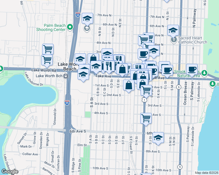 map of restaurants, bars, coffee shops, grocery stores, and more near 109 South D Street in Lake Worth