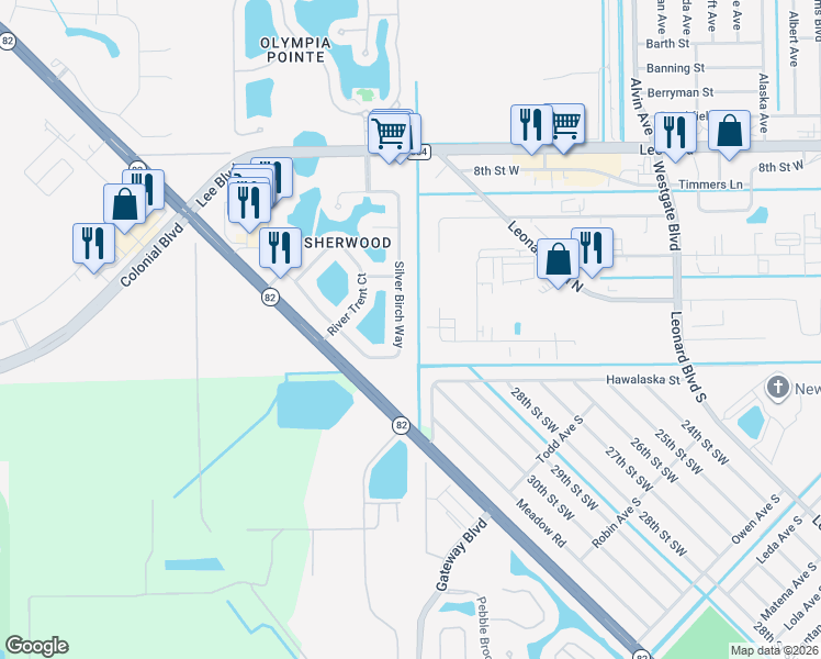map of restaurants, bars, coffee shops, grocery stores, and more near 8238 Silver Birch Way in Lehigh Acres