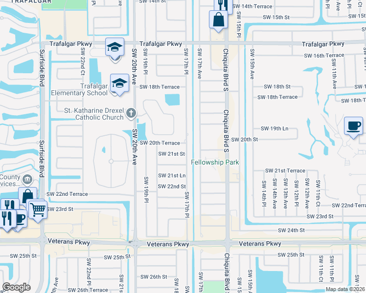 map of restaurants, bars, coffee shops, grocery stores, and more near 1724 Southwest 20th Terrace in Cape Coral