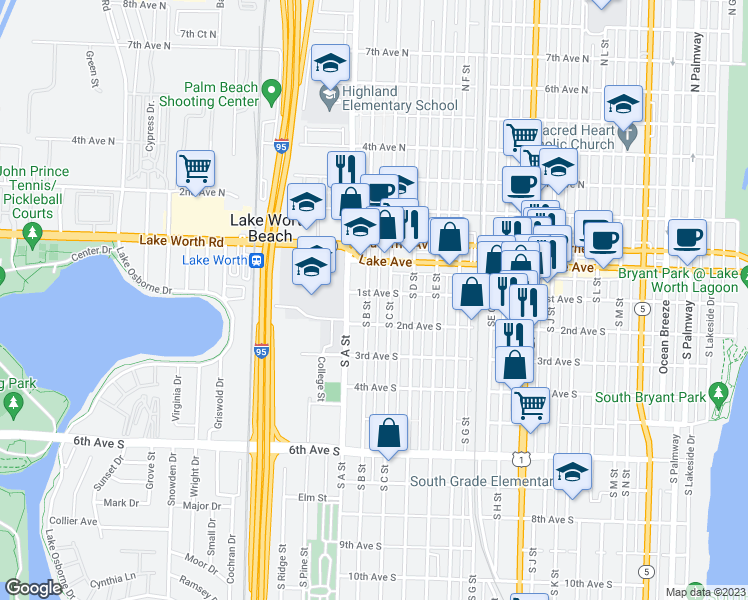 map of restaurants, bars, coffee shops, grocery stores, and more near 108 South B Street in Lake Worth