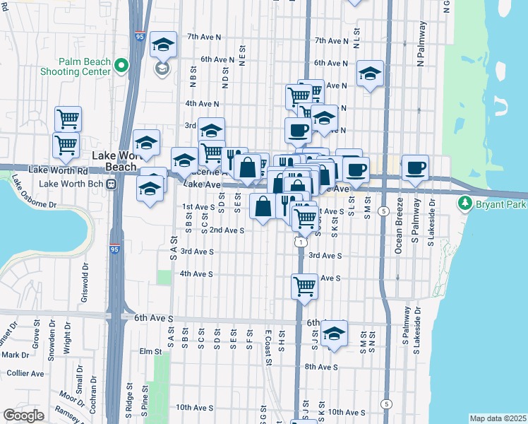 map of restaurants, bars, coffee shops, grocery stores, and more near 1109 1st Avenue South in Lake Worth