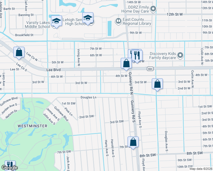 map of restaurants, bars, coffee shops, grocery stores, and more near 206 Harold Avenue South in Lehigh Acres