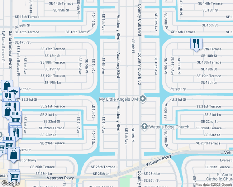 map of restaurants, bars, coffee shops, grocery stores, and more near 2008 Academy Boulevard in Cape Coral