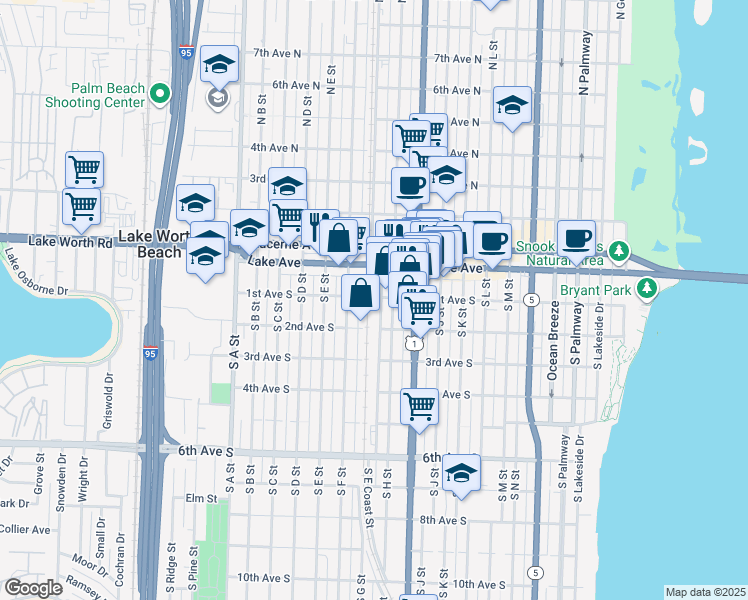 map of restaurants, bars, coffee shops, grocery stores, and more near 1109 1st Avenue South in Lake Worth