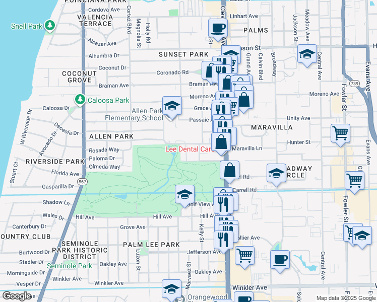 map of restaurants, bars, coffee shops, grocery stores, and more near 802 Nelson Street in Fort Myers