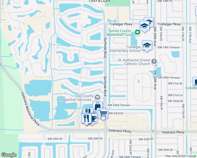 map of restaurants, bars, coffee shops, grocery stores, and more near 2478 Greendale Place in Cape Coral