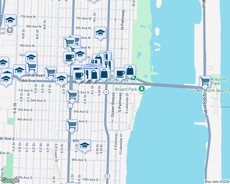map of restaurants, bars, coffee shops, grocery stores, and more near 30 South Palmway in Lake Worth