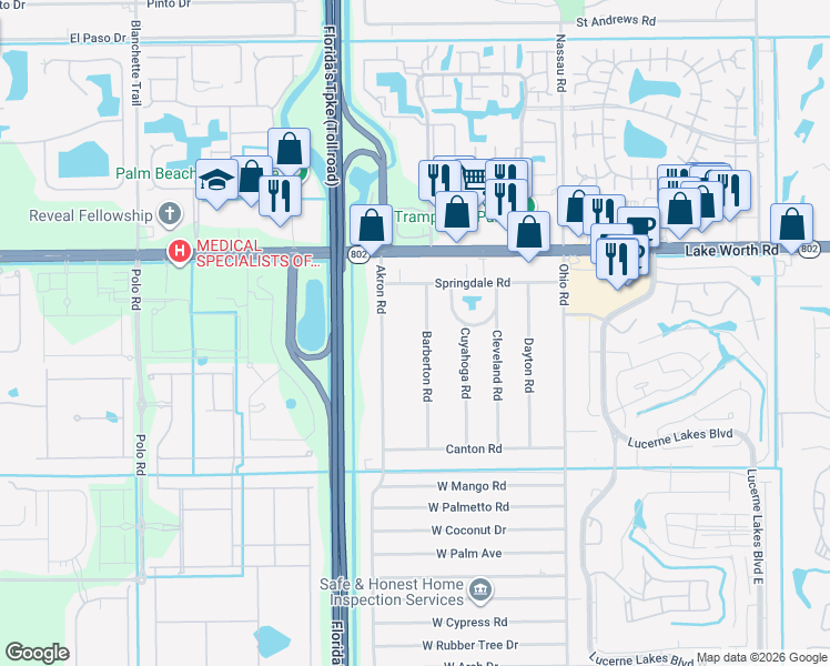 map of restaurants, bars, coffee shops, grocery stores, and more near 56 Barberton Road in Lake Worth