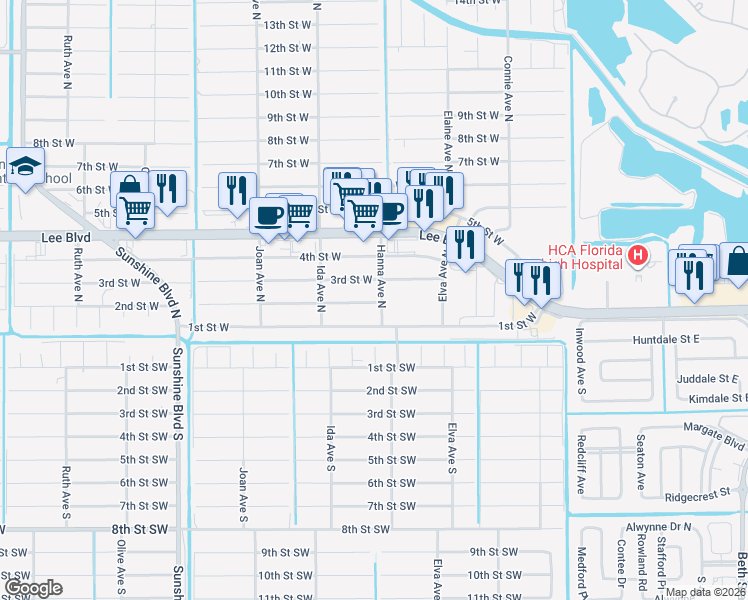 map of restaurants, bars, coffee shops, grocery stores, and more near 2800 2nd Street West in Lehigh Acres