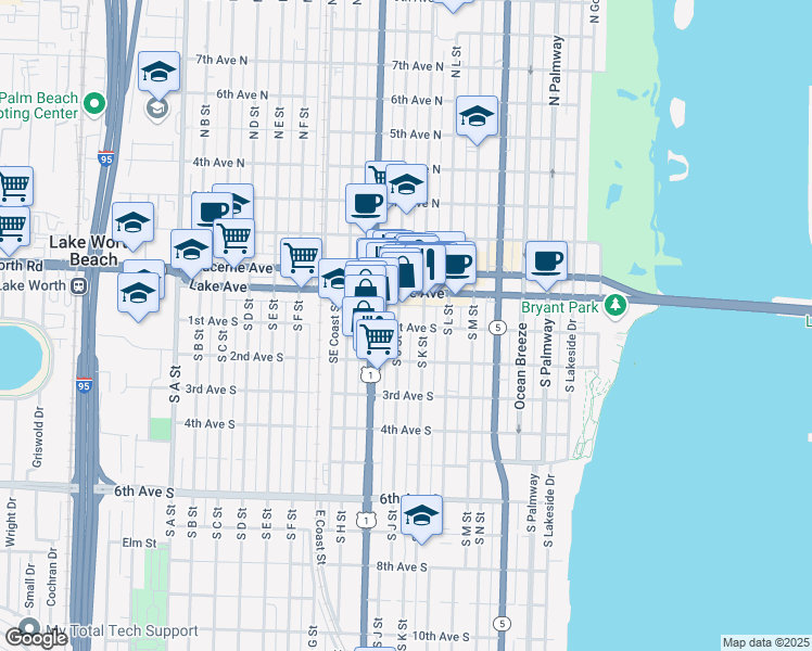 map of restaurants, bars, coffee shops, grocery stores, and more near 101 South J Street in Lake Worth