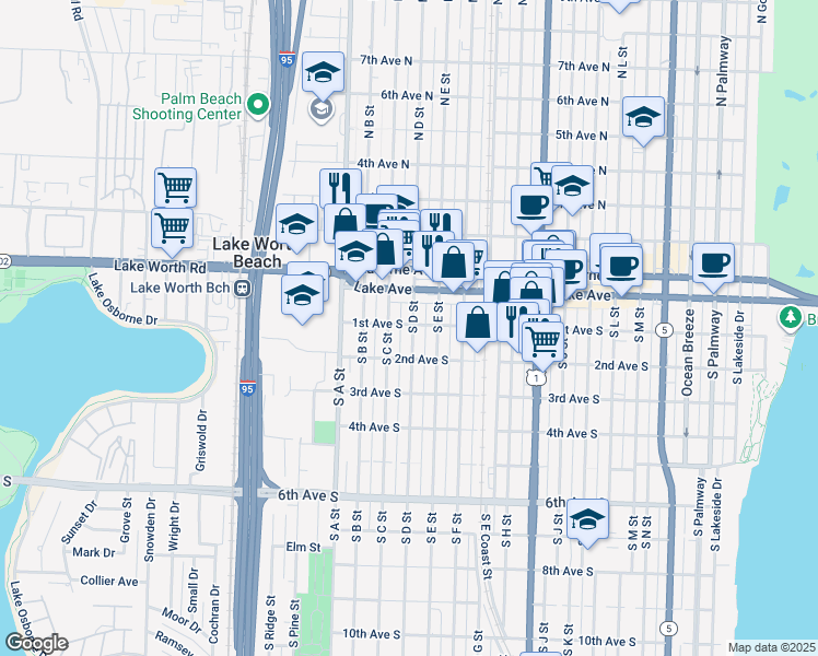 map of restaurants, bars, coffee shops, grocery stores, and more near 109 South D Street in Lake Worth