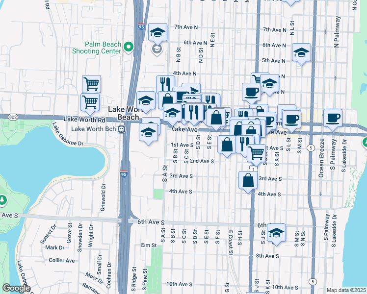 map of restaurants, bars, coffee shops, grocery stores, and more near 108 South B Street in Lake Worth
