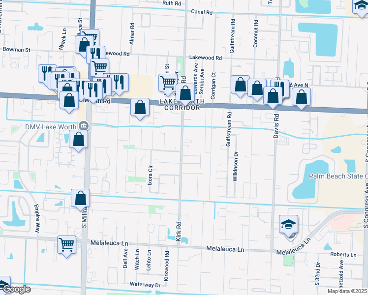 map of restaurants, bars, coffee shops, grocery stores, and more near 4233 Kirk Road in Lake Worth