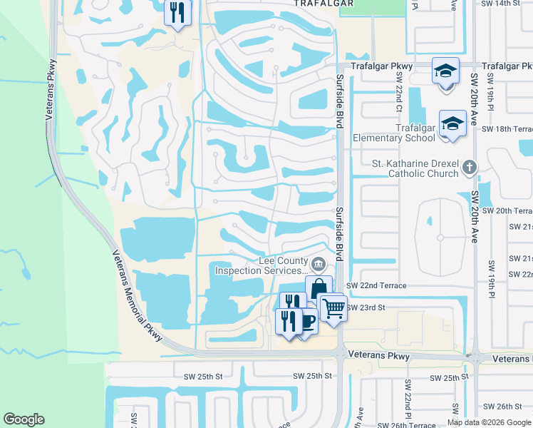 map of restaurants, bars, coffee shops, grocery stores, and more near 2600 Bellingham Court in Cape Coral