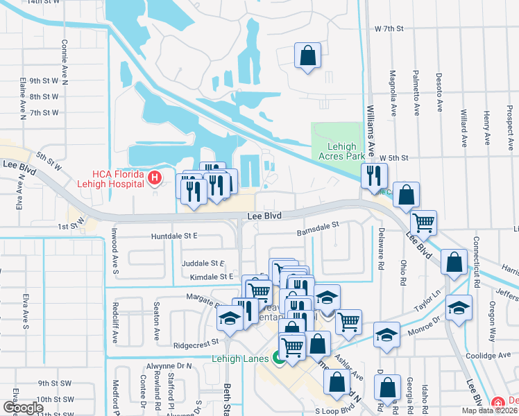 map of restaurants, bars, coffee shops, grocery stores, and more near 1280 Lee Boulevard in Lehigh Acres