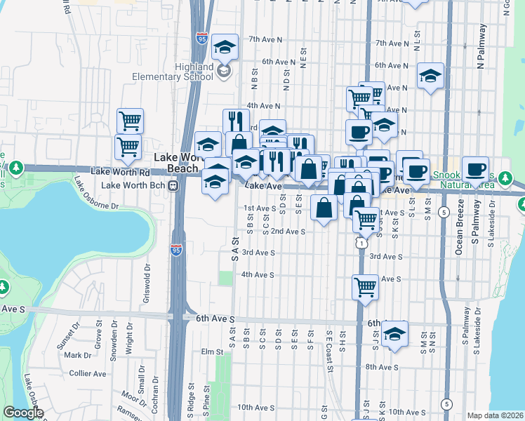 map of restaurants, bars, coffee shops, grocery stores, and more near 108 South B Street in Lake Worth