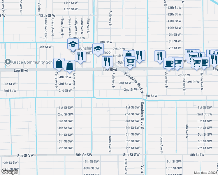 map of restaurants, bars, coffee shops, grocery stores, and more near 3302 2nd Street West in Lehigh Acres