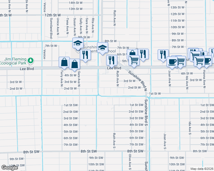 map of restaurants, bars, coffee shops, grocery stores, and more near 3314 2nd Street West in Lehigh Acres
