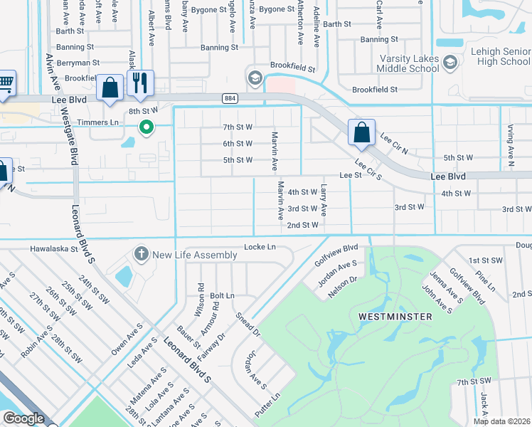 map of restaurants, bars, coffee shops, grocery stores, and more near 500 2nd Street West in Lehigh Acres