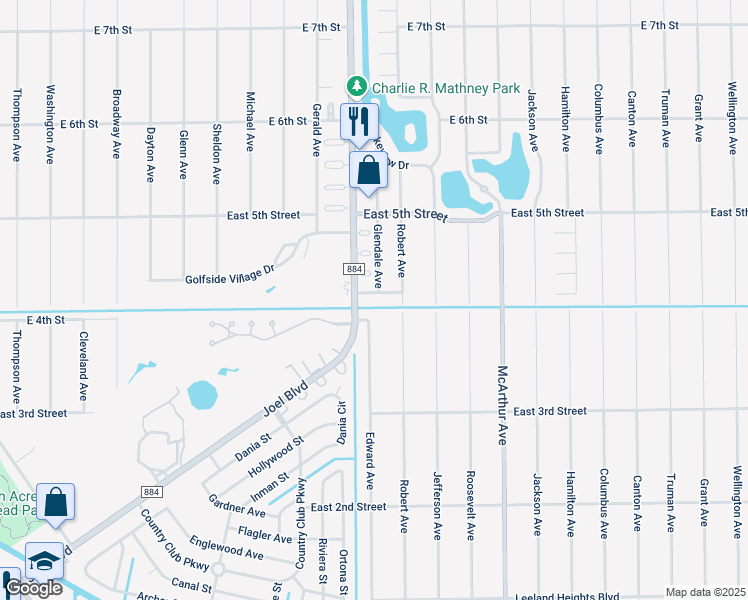 map of restaurants, bars, coffee shops, grocery stores, and more near 2308 Orange Street in Lehigh Acres