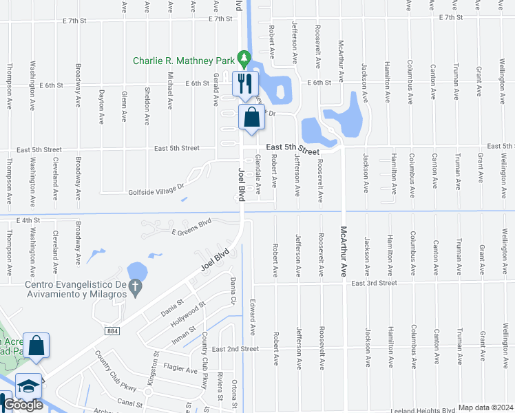 map of restaurants, bars, coffee shops, grocery stores, and more near 2310 Orange Street in Lehigh Acres