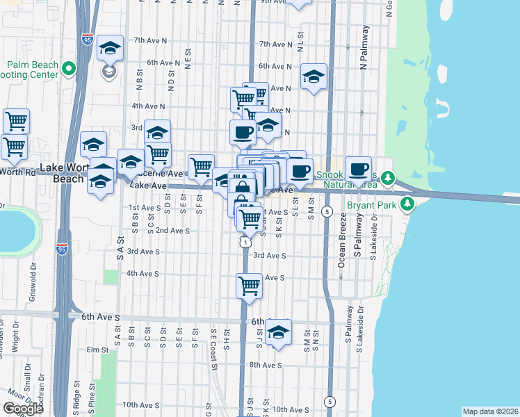 map of restaurants, bars, coffee shops, grocery stores, and more near 101 South J Street in Lake Worth