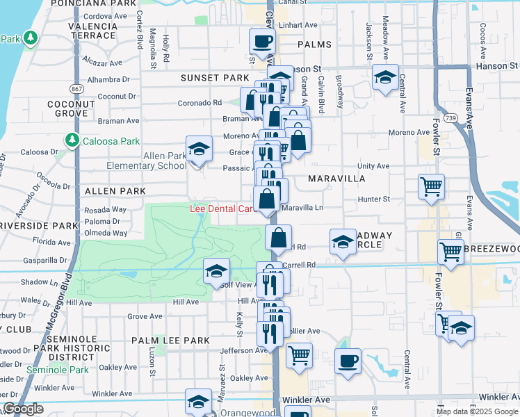 map of restaurants, bars, coffee shops, grocery stores, and more near 1960 Maravilla Avenue in Fort Myers