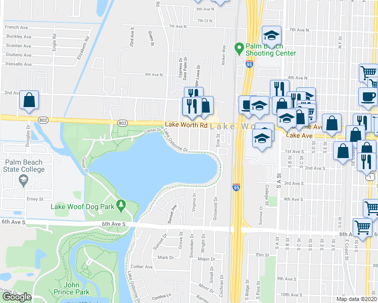 map of restaurants, bars, coffee shops, grocery stores, and more near 302 Lake Osborne Drive in Lake Worth Beach