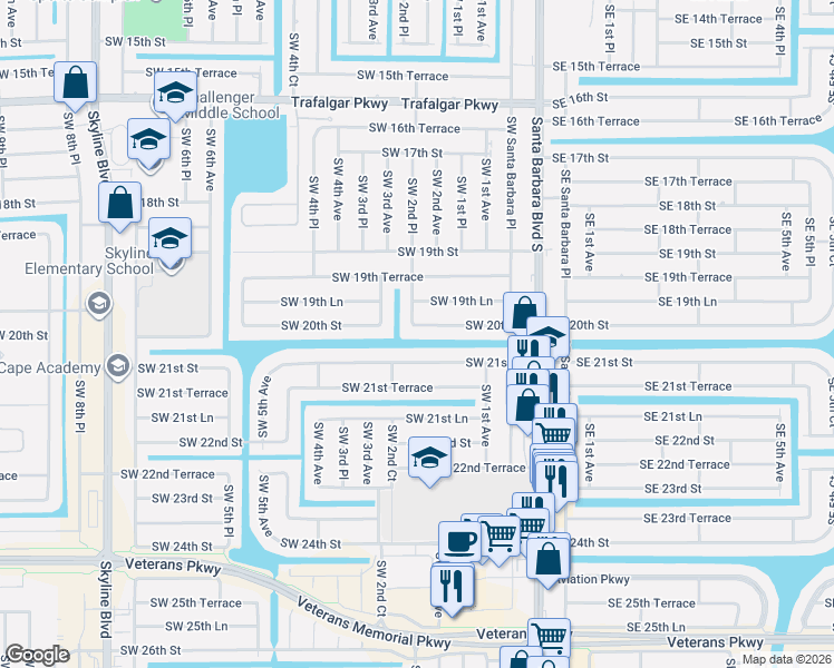 map of restaurants, bars, coffee shops, grocery stores, and more near 216 Southwest 20th Street in Cape Coral