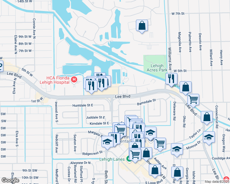 map of restaurants, bars, coffee shops, grocery stores, and more near 1350 County Road 884 in Lehigh Acres