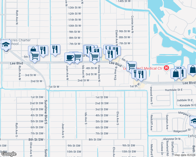 map of restaurants, bars, coffee shops, grocery stores, and more near 2800 2nd Street West in Lehigh Acres