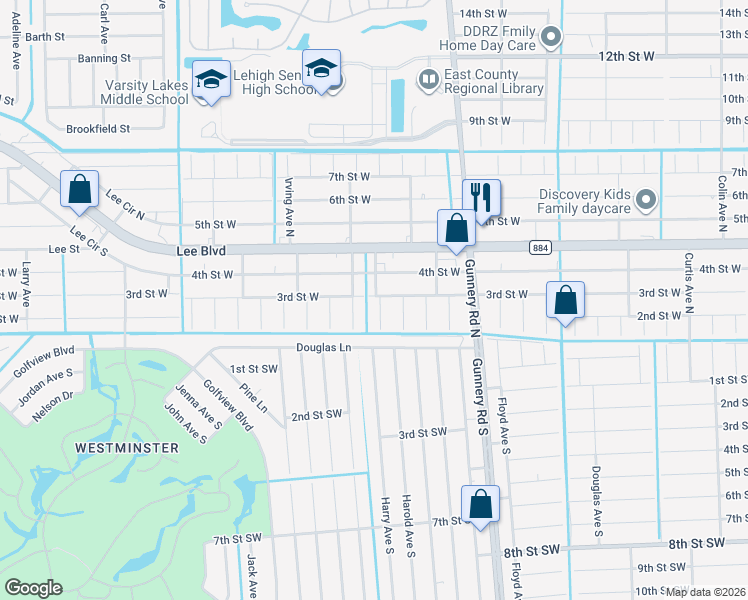 map of restaurants, bars, coffee shops, grocery stores, and more near 206 Harold Avenue South in Lehigh Acres