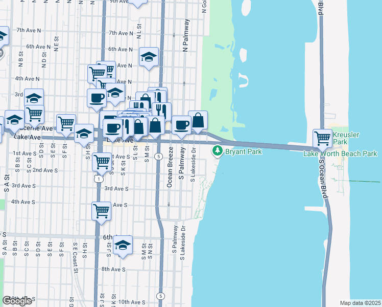 map of restaurants, bars, coffee shops, grocery stores, and more near 10 1st Avenue South in Lake Worth