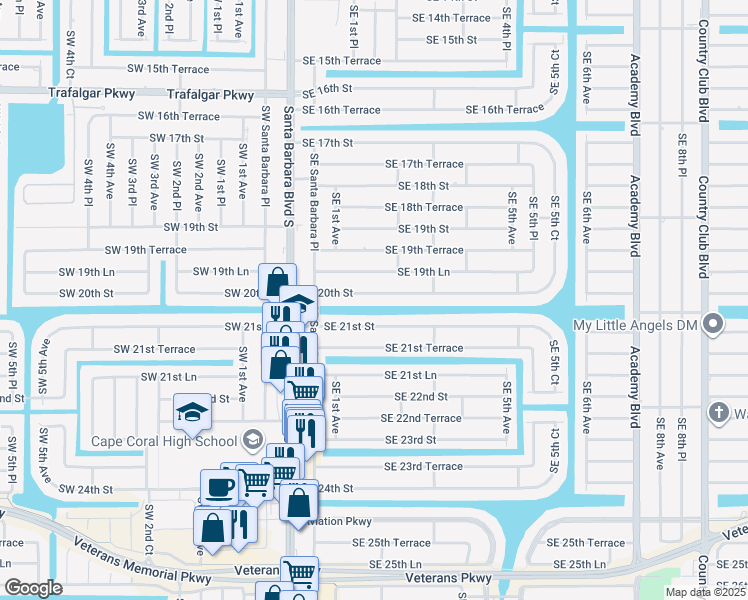 map of restaurants, bars, coffee shops, grocery stores, and more near 154 Southeast 20th Street in Cape Coral