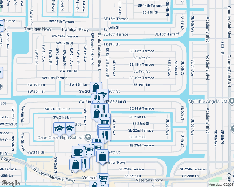 map of restaurants, bars, coffee shops, grocery stores, and more near 134 Southeast 20th Street in Cape Coral